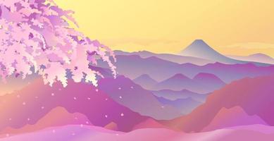 Beautiful pinkish Sakura blossom hill scenery with Fuji mountain in morning for flower and morning theme vector