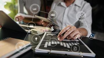 Project manager working and update tasks with milestones progress planning and Photo professional investor working new start up project.