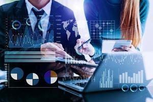 Business Analytics concept. business team hands working with provide information for Key Performance Indicators and marketing analysis onn photo