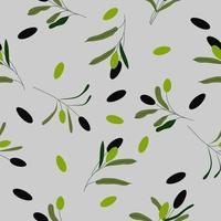 Seamless vector pattern with green and black olive branches on grey background.