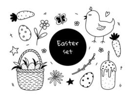 Set of Easter design elements. Cute chick, festive Easter eggs in a basket, Easter cake, spring flowers, willow and carrots. Vector hand-drawn illustration in doodle style. Perfect for cards, stickers