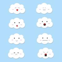 conjunto de caricaturas en la nube lindas o kawaii como sonrisa, llanto, felicidad, tristeza, enojo y relajación en el fondo azul. vector