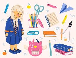 Set of school supplies and stationery. Children's cute graphic elements, icons, items for design, print, fabric, stickers and more. Back to school concept. Vector illustration in cartoon flat style