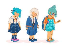 Cute little girls are going to study. Vector illustration of characters with school outfit, different uniforms, students. Back to school concept