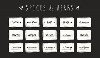 Black and white spices and herbs stickers or food labels for labeling kitchen jars, containers, packages and more. Collection of rectangular frames. Vector illustration