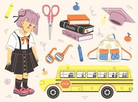 Set of school supplies and stationery. Children's cute graphic elements, icons, items for design, print, fabric, stickers and more. Back to school concept. Vector illustration in cartoon flat style