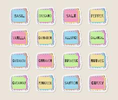 Spices and herbs stickers or food labels for marking kitchen jars, containers, packages and more. Collection of cute creative colorful frames. Vector illustration