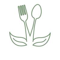 una sola línea cuchara tenedor con hoja vegetariana logotipo símbolo icono vector diseño gráfico ilustración idea creativa