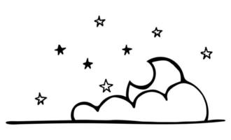 Crescent moon in clouds doodle. hand drawn with black line vector