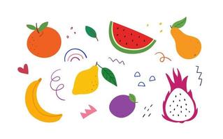 poner frutas, elementos y garabatos abstractos dibujados a mano. ilustración plana de color vectorial. vector