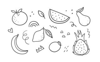 conjunto con frutas, elementos y garabatos abstractos dibujados a mano. ilustración vectorial lineal. vector