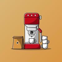 máquina de café con caricatura de paquete de café y pila de tazas ilustración vectorial vector