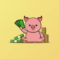 Cute pig with pile of coins and money vector illustration