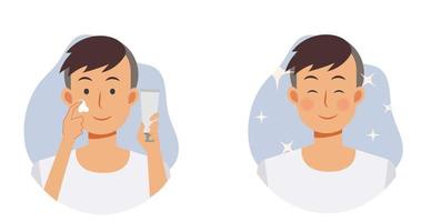 Skin care concept.facial treatment. A man is using cream on his face,Before After.Flat vector illustration