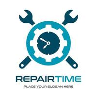 Repair time vector logo template. This design use clock and wrench symbol. Suitable for maintenance.