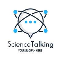 Science talking vector logo template. This design use chat symbol and molecule. Suitable for education or experiment.