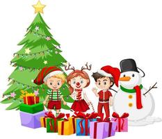 Christmas season with children in Christmas costumes and snowman vector