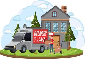 Courier delivering packages standing in front of house vector