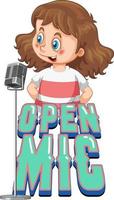 diseño de logotipo de micrófono abierto con personaje de dibujos animados de chica cantante vector