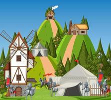 escena del campamento del ejército medieval en estilo de dibujos animados vector