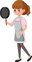 A woman holding a pan wearing apron cartoon character on white background vector