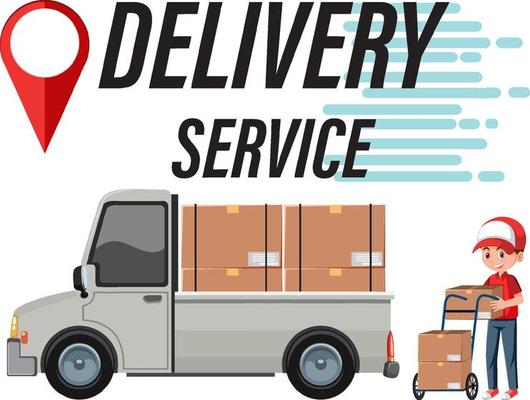 Delivery Service font logo with delivery truck and courier