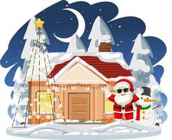 casa cubierta de nieve con santa claus y muñeco de nieve vector