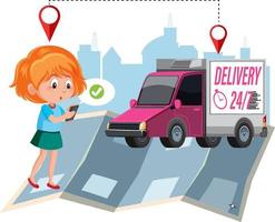 A girl cartoon character with delivery truck vector