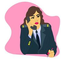 tax inspector, consultant in uniform, strict girl sits at table and calls on phone, reminding about the payment of mandatory taxes. Tax day. Pay your taxes and sleep well. Place for your text, vector