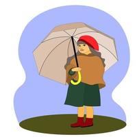 little girl in red beret, child standing under large umbrella, autumn clothes, coats and boots. Umbrella Day, Children's Day. Ideal for blogs, banners, websites, flyers. vector