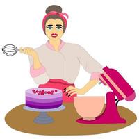 pastry chef girl, baker holds whisk in her hands, cooked cake on platter is on the table and planetary mixer. Culinary master class. Suitable for cover art, advertising, blog, menu. Vector