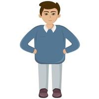 el personaje masculino del movimiento constructor hizo un traje de negocios con su mano izquierda derecha en la cintura. diferentes puntos de vista, emociones, movimientos, aislados sobre un fondo blanco. construir un diseño. vector