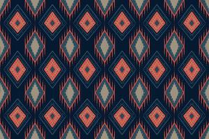Blue and Orange on Indigo. Geometric ethnic oriental pattern traditional Design for background,carpet,wallpaper,clothing,wrapping,Batik,fabric, Vector illustration embroidery style