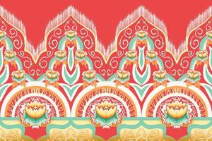 Yellow, Green, Orange Flower on Red. Geometric ethnic oriental pattern traditional Design for background,carpet,wallpaper,clothing,wrapping,Batik,fabric, vector illustration embroidery style