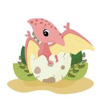Baby pterodactel sits in an egg shell with its wings spread. A dinosaur hatches from an egg. Baby dragon vector