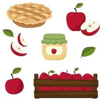 Set of red apples. Harvest of apples. Whole apple and half apple, apple jam, apple pie with jam, charlotte, box of apples