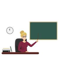 Woman with glasses sits at a table and points to a blackboard. Teacher with a pointer vector