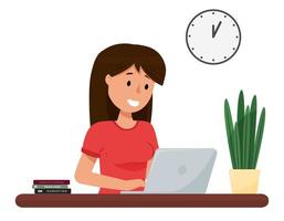 An upset girl is sitting at a table with a laptop. Difficulties in learning or work. Online learning from home. Illustration of work or study process vector