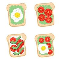 Set of toasts with avocado, fried egg, tomato slices on white bread. Healthy breakfast. Vegetarian food vector