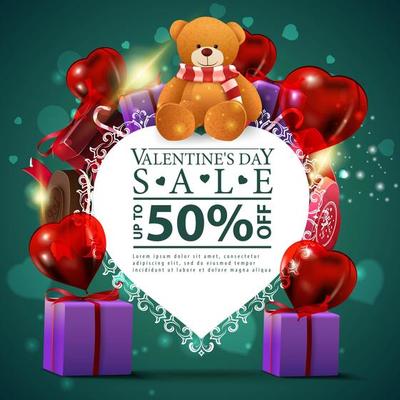 Green Valentine's day discount card template with paper heart, mountain of gifts and Teddy-bear