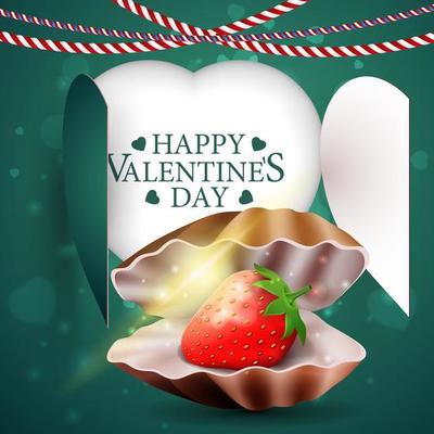 Valentine's Day greeting green card template with pearl shell and strawberry