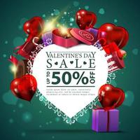 Green Valentine's day discount card template with paper heart, mountain of gifts and chocolate candy vector