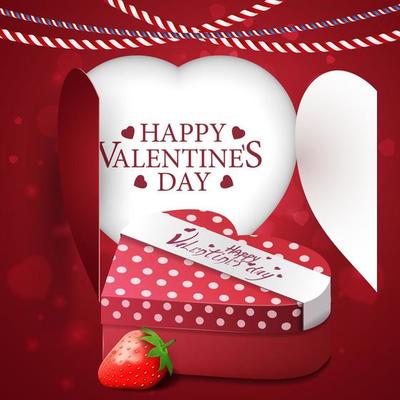 Valentine's Day greeting red card template with heart, gift and strawberry