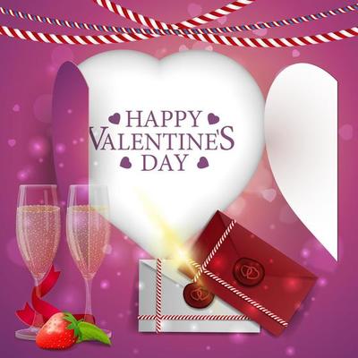 Valentine's Day greeting pink card template with heart, love letters, glasses of champagne and strawberry
