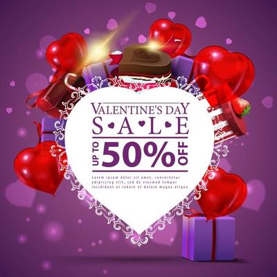 Purple Valentine's day discount card template with paper heart, mountain of gifts and chocolate candy