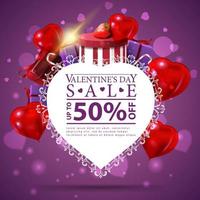 Purple Valentine's day discount card template with paper heart and mountain of gifts vector