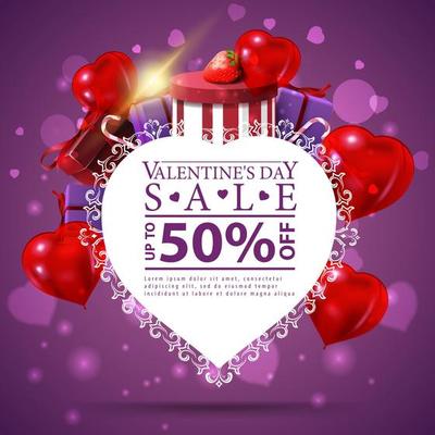 Purple Valentine's day discount card template with paper heart and mountain of gifts