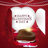 Valentine's Day greeting red card template with heart and chocolate candy vector