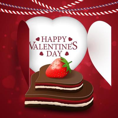 Valentine's Day greeting red card template with heart and chocolate candy