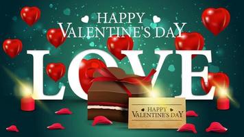 Horizontal green Valentine's day greeting card with chocolate candy in the form of a heart vector